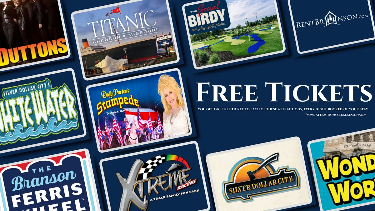 A vibrant, graphic image featuring the text 'Free Tickets' alongside recognizable attraction logos and a colorful design. The visual energy conveys excitement and the promise of fun, reinforcing the section’s mention of being close to top Branson experiences and maximizing value for guests.
